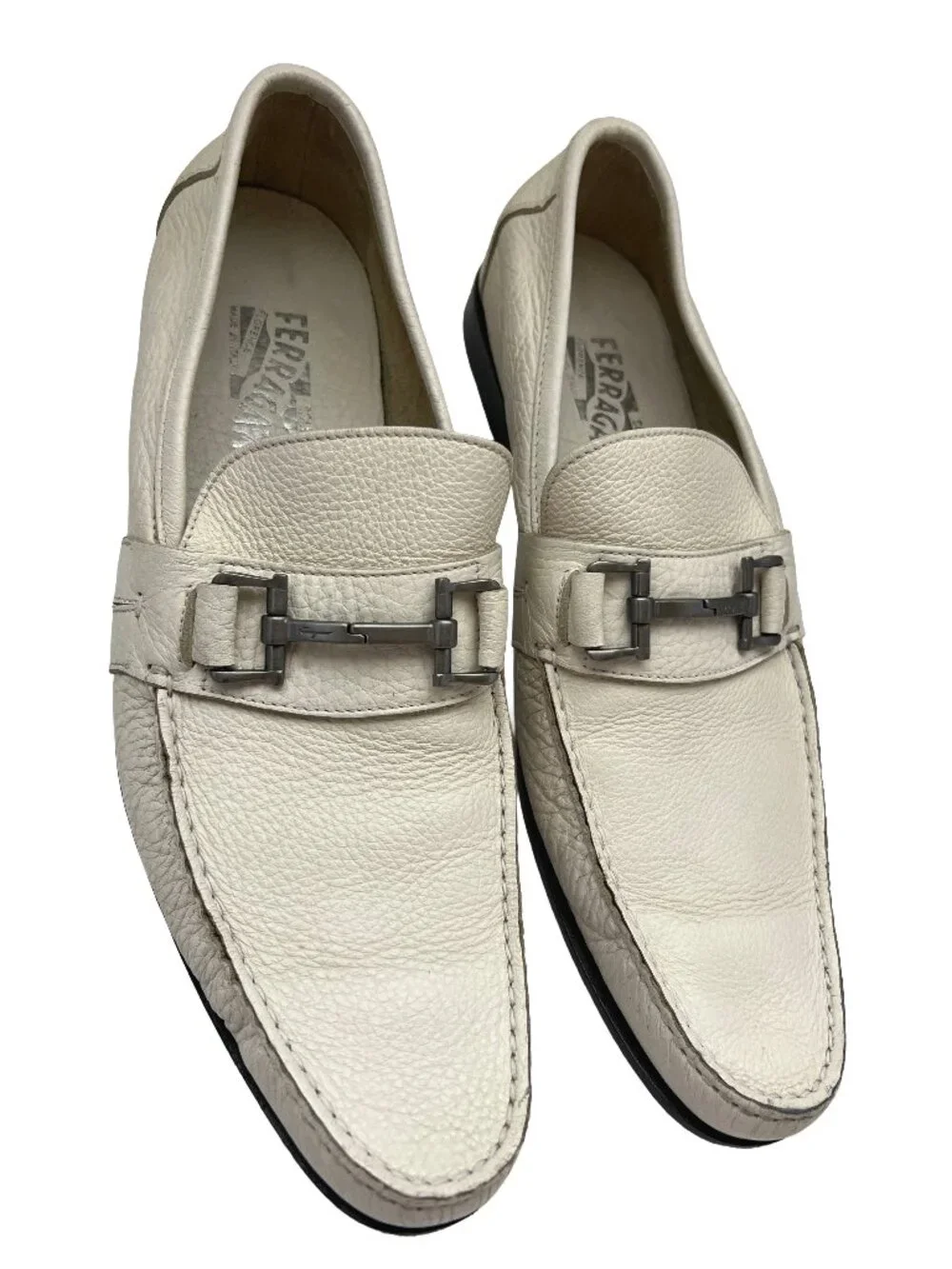 $1050 Salvatore Ferragamo White PHOENIX Shoes Gancini Silver Bit Loafers 9.5 D